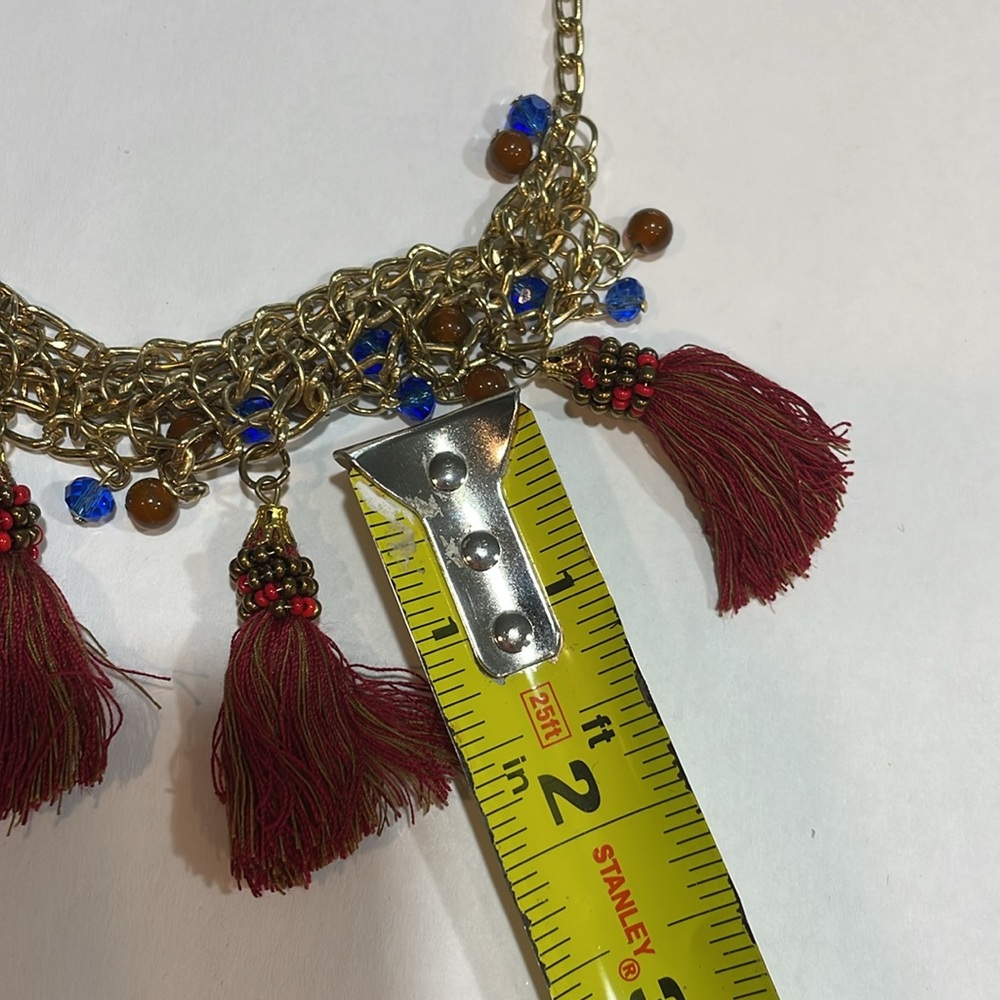 5/$30🏷️ World Market tassels, beads necklace rust, blues, reds, gold metal - Picture 5 of 9